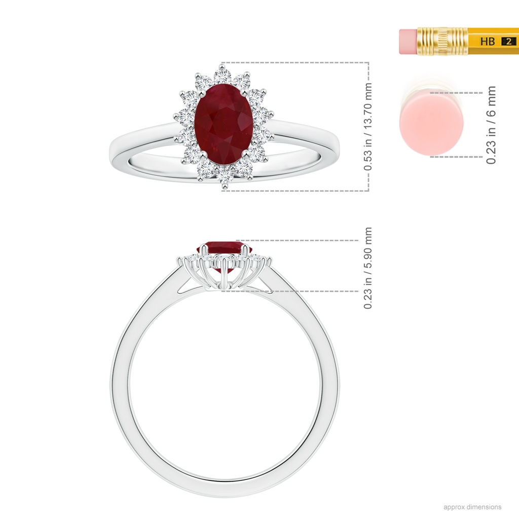 7.86x6.16x4.51mm AA Princess Diana Inspired GIA Certified Oval Ruby Reverse Tapered Shank Ring with Halo in 18K White Gold Ruler