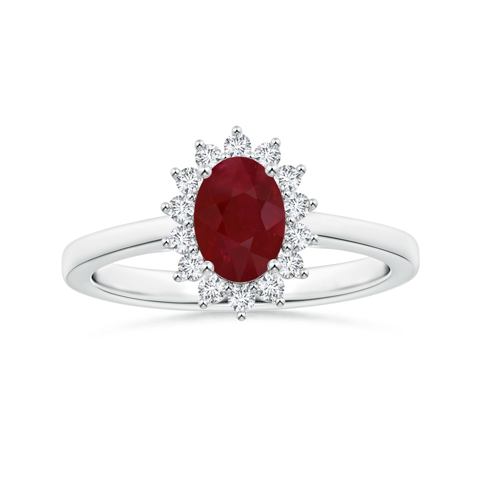 7.86x6.16x4.51mm AA Princess Diana Inspired GIA Certified Oval Ruby Reverse Tapered Shank Ring with Halo in P950 Platinum 