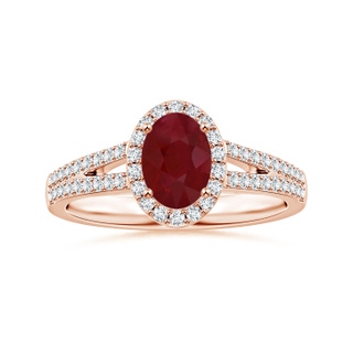 7.86x6.16x4.51mm AA GIA Certified Oval Ruby Halo Ring with Diamond Split Shank in 18K Rose Gold