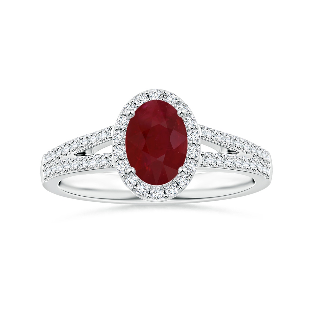 7.86x6.16x4.51mm AA GIA Certified Oval Ruby Halo Ring with Diamond Split Shank in 18K White Gold