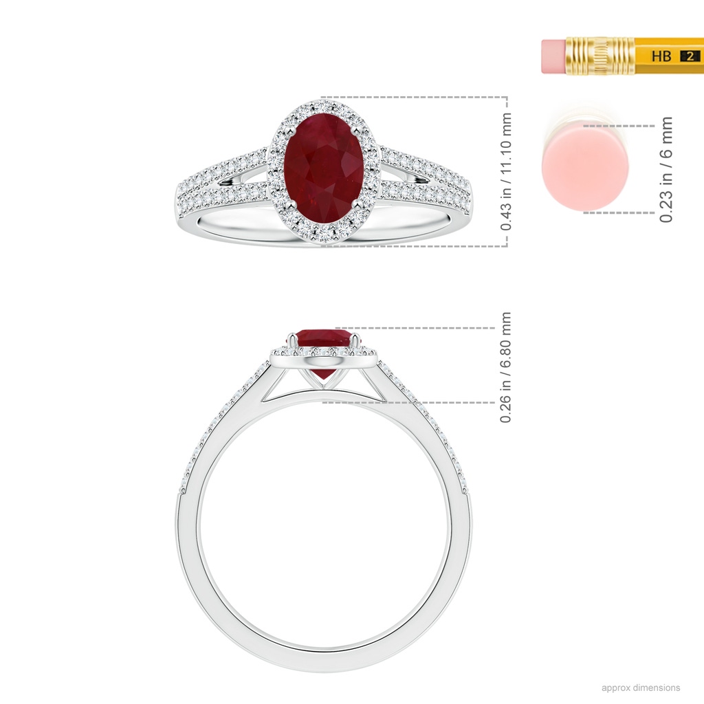 7.86x6.16x4.51mm AA GIA Certified Oval Ruby Halo Ring with Diamond Split Shank in 18K White Gold Ruler