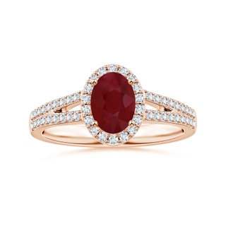 7.86x6.16x4.51mm AA GIA Certified Oval Ruby Halo Ring with Diamond Split Shank in Rose Gold