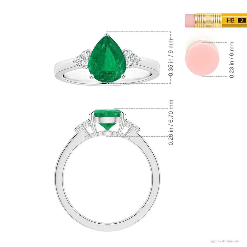 9.37x6.33x4.36mm AAA GIA Certified Reverse Tapered Pear-Shaped Emerald Ring with Side Diamonds in White Gold ruler