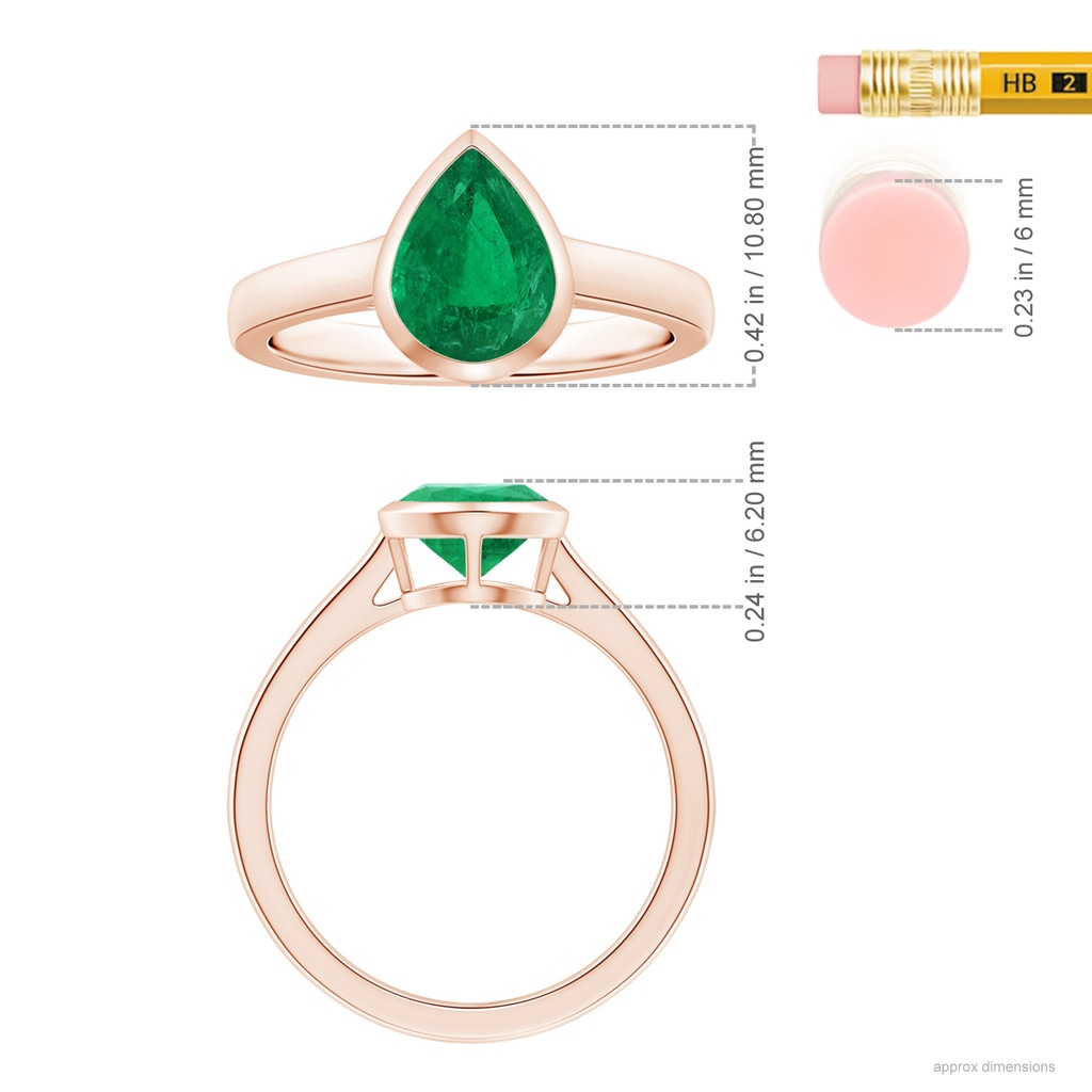 9.37x6.33x4.36mm AAA GIA Certified Bezel-Set Pear-Shaped Emerald Solitaire Ring in Rose Gold ruler