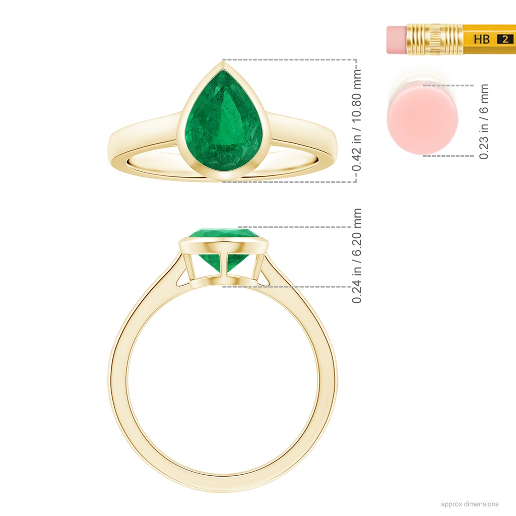 9.37x6.33x4.36mm AAA GIA Certified Bezel-Set Pear-Shaped Emerald Solitaire Ring in Yellow Gold ruler