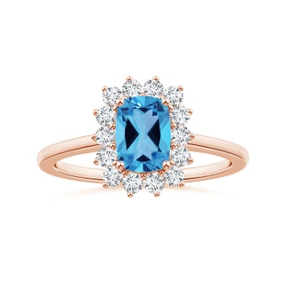 8.01x6.08x4.12mm AAAA Princess Diana Inspired GIA Certified Cushion Rectangular Swiss Blue Topaz Halo Ring in 10K Rose Gold