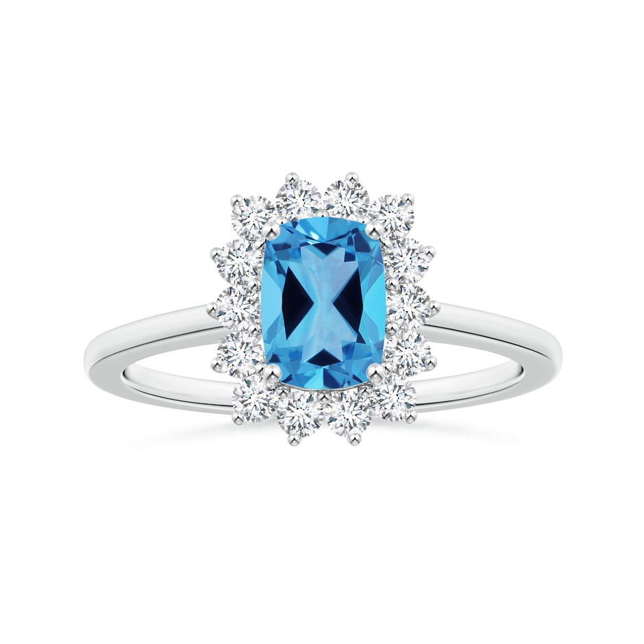 8.01x6.08x4.12mm AAAA Princess Diana Inspired GIA Certified Cushion Rectangular Swiss Blue Topaz Halo Ring in 18K White Gold 