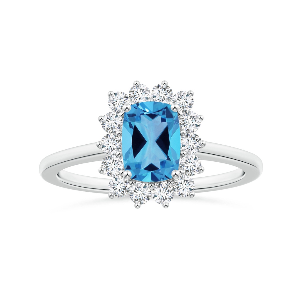 8.01x6.08x4.12mm AAAA Princess Diana Inspired GIA Certified Cushion Rectangular Swiss Blue Topaz Halo Ring in White Gold