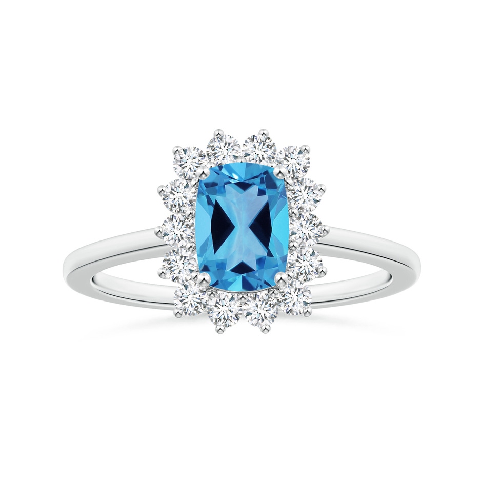 8.01x6.08x4.12mm AAAA Princess Diana Inspired GIA Certified Cushion Rectangular Swiss Blue Topaz Halo Ring in White Gold 