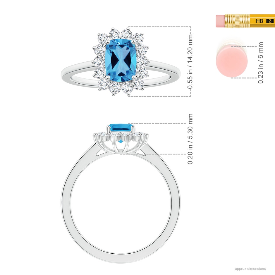 8.01x6.08x4.12mm AAAA Princess Diana Inspired GIA Certified Cushion Rectangular Swiss Blue Topaz Halo Ring in White Gold ruler