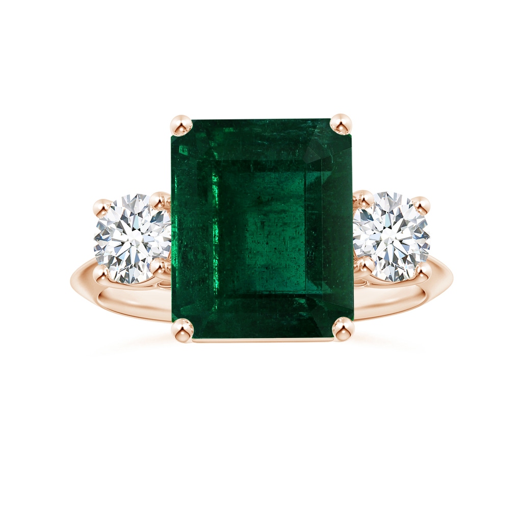 10.31x8.20x6.57mm AA GIA Certified Three Stone Emerald-Cut Emerald Knife-Edge Shank Ring with Diamonds in Rose Gold