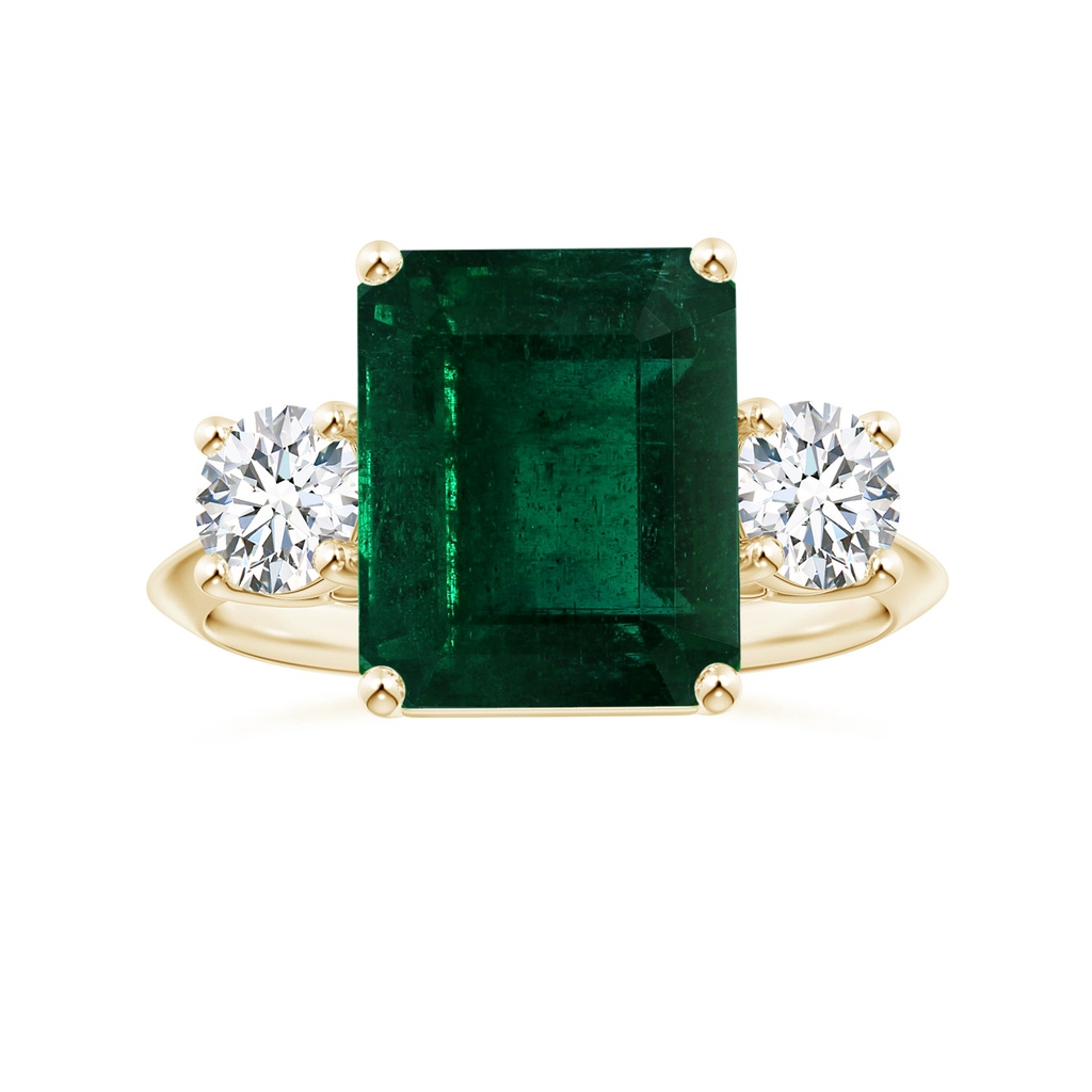 10.31x8.20x6.57mm AA GIA Certified Three Stone Emerald-Cut Emerald Knife-Edge Shank Ring with Diamonds in Yellow Gold