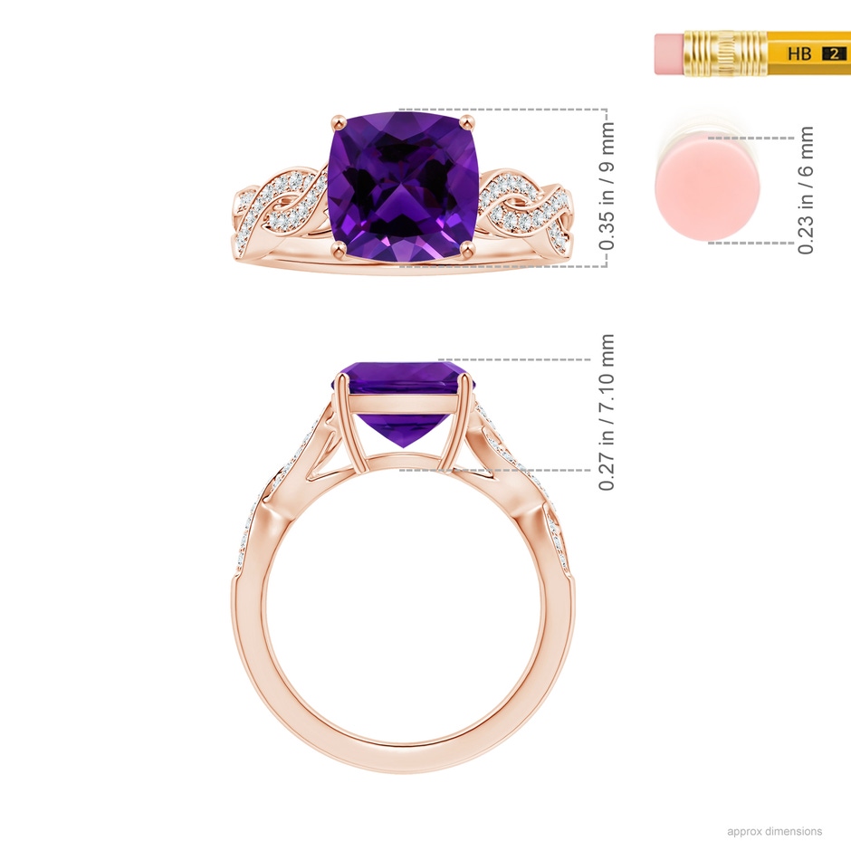 9.05x9.01x5.66mm AAAA Prong-Set GIA Certified Cushion Amethyst Twist Shank Ring in 18K Rose Gold ruler