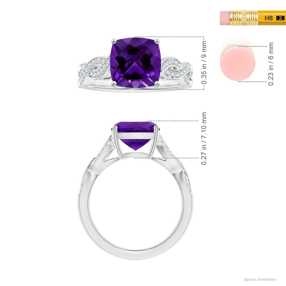 9.05x9.01x5.66mm AAAA Prong-Set GIA Certified Cushion Amethyst Twist Shank Ring in 18K White Gold ruler