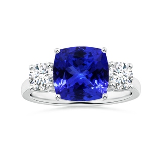 9.01x8.88x5.84mm AAAA GIA Certified Three Stone Cushion Tanzanite Reverse Tapered Shank Ring with Diamonds in P950 Platinum