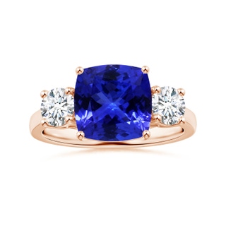 9.01x8.88x5.84mm AAAA GIA Certified Three Stone Cushion Tanzanite Reverse Tapered Shank Ring with Diamonds in Rose Gold