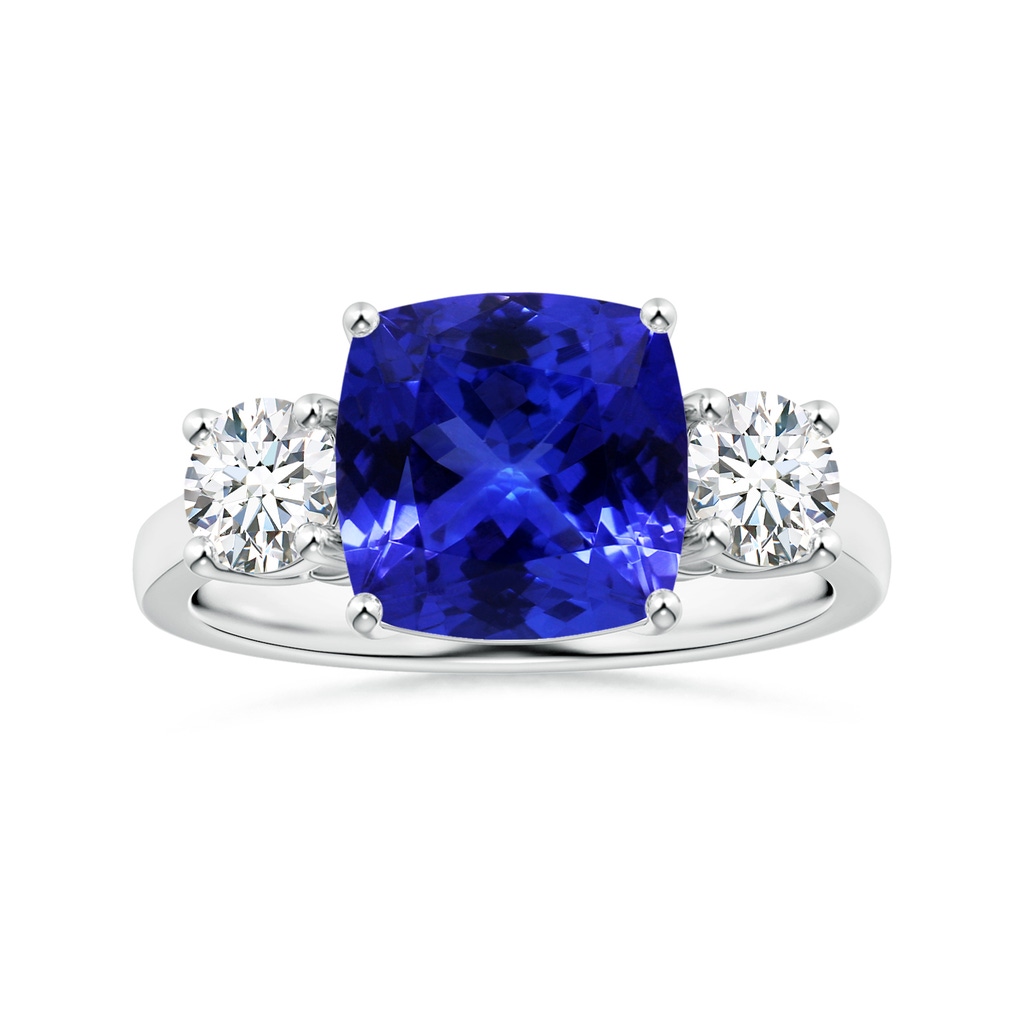 9.01x8.88x5.84mm AAAA GIA Certified Three Stone Cushion Tanzanite Reverse Tapered Shank Ring with Diamonds in White Gold