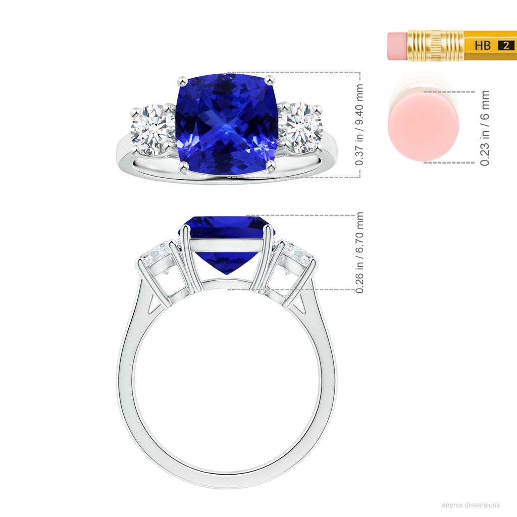 9.01x8.88x5.84mm AAAA GIA Certified Three Stone Cushion Tanzanite Reverse Tapered Shank Ring with Diamonds in White Gold ruler
