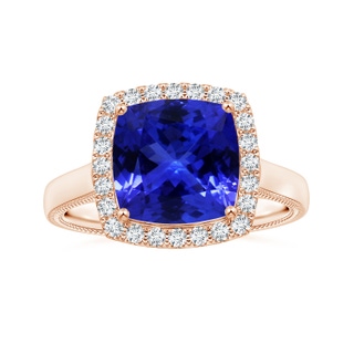 9.01x8.88x5.84mm AAAA GIA Certified Cushion Tanzanite Halo Ring with Leaf Motifs in Rose Gold