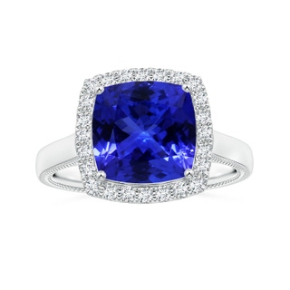 9.01x8.88x5.84mm AAAA GIA Certified Cushion Tanzanite Halo Ring with Leaf Motifs in White Gold