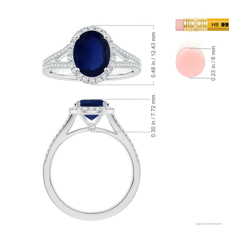 9.14x7.17x4.26mm A GIA Certified Oval Blue Sapphire Split Shank Ring with Diamond Halo in P950 Platinum Ruler