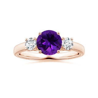 8.16x8.06x5.44mm AA Three Stone GIA Certified Round Amethyst Leaf Ring with Diamonds in 10K Rose Gold