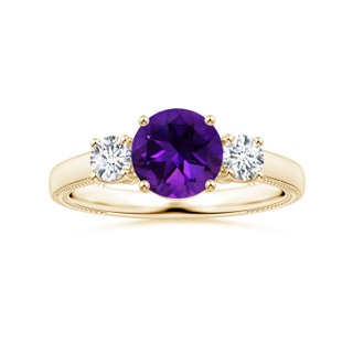 8.16x8.06x5.44mm AA Three Stone GIA Certified Round Amethyst Leaf Ring with Diamonds in 10K Yellow Gold