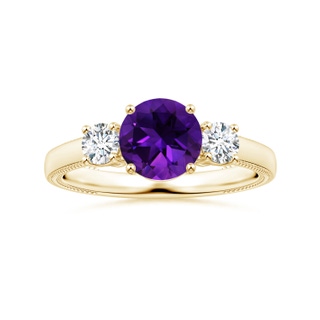8.16x8.06x5.44mm AA Three Stone GIA Certified Round Amethyst Leaf Ring with Diamonds in 18K Yellow Gold