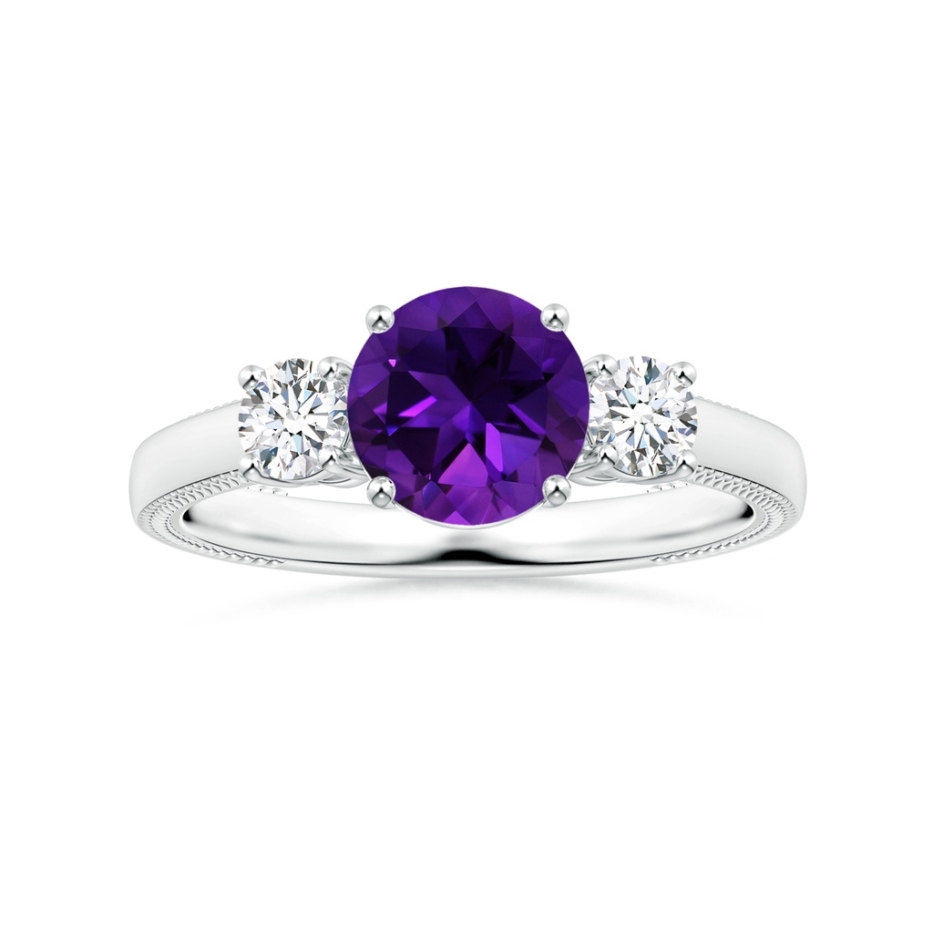 8.16x8.06x5.44mm AA Three Stone GIA Certified Round Amethyst Leaf Ring with Diamonds in White Gold