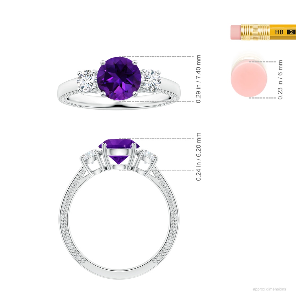 8.16x8.06x5.44mm AA Three Stone GIA Certified Round Amethyst Leaf Ring with Diamonds in White Gold ruler