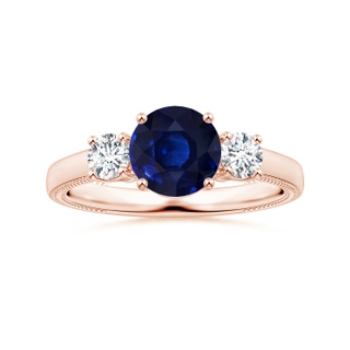 7.88x7.85x4.87mm AA Three Stone GIA Certified Round Blue Sapphire Leaf Ring with Diamonds in 18K Rose Gold