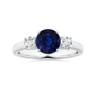 7.88x7.85x4.87mm AA Three Stone GIA Certified Round Blue Sapphire Leaf Ring with Diamonds in 18K White Gold