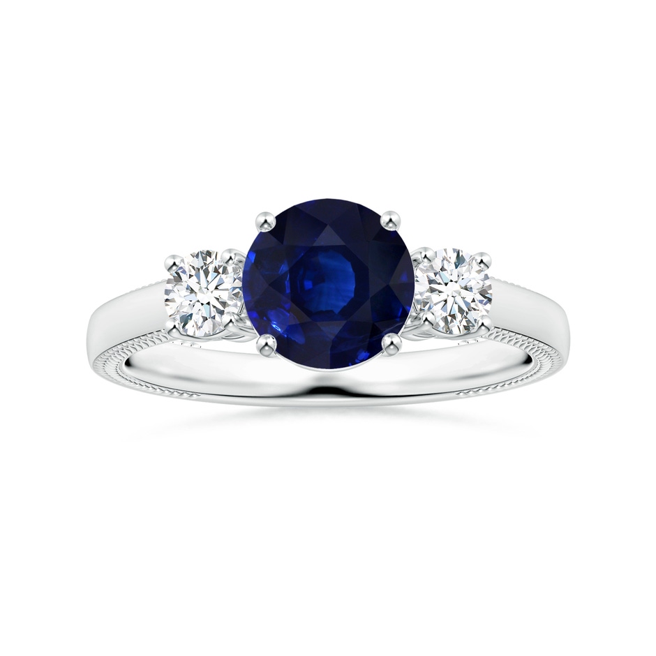 7.88x7.85x4.87mm AA Three Stone GIA Certified Round Blue Sapphire Leaf Ring with Diamonds in 18K White Gold 