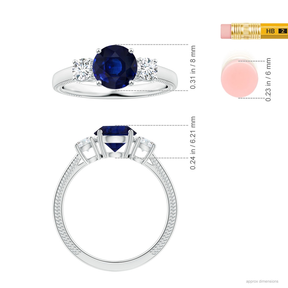 7.88x7.85x4.87mm AA Three Stone GIA Certified Round Blue Sapphire Leaf Ring with Diamonds in 18K White Gold Ruler