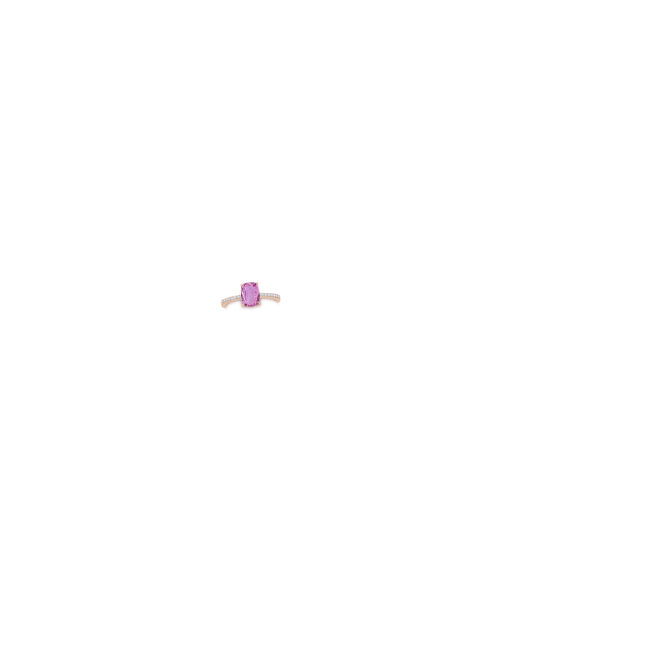 6.62x6.24x3.95mm AAA Claw-Set Cushion Pink Sapphire Ring with Reverse Tapered Diamond Shank in Rose Gold hand