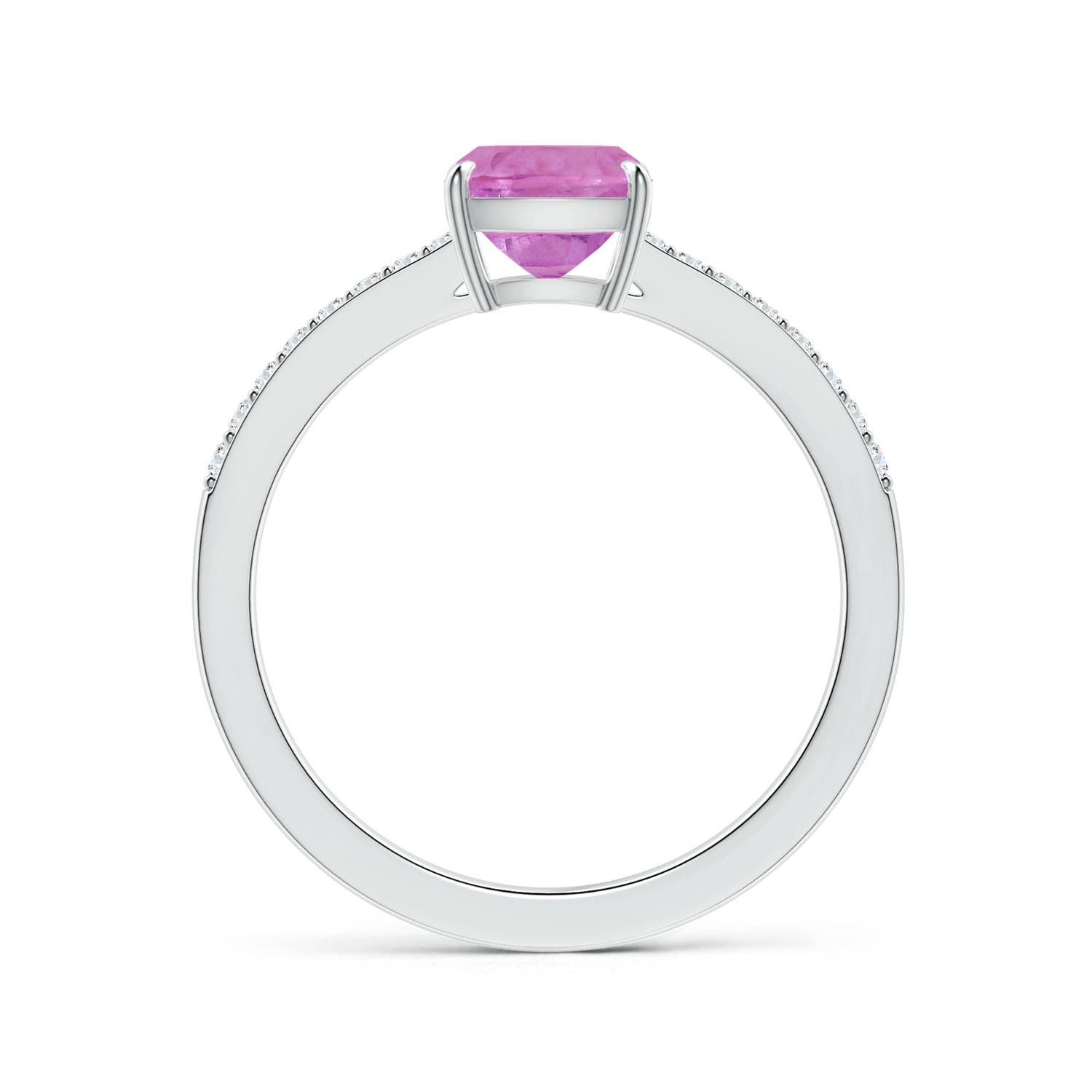 6.62x6.24x3.95mm AAA Claw-Set Cushion Pink Sapphire Ring with Reverse Tapered Diamond Shank in White Gold - side 2