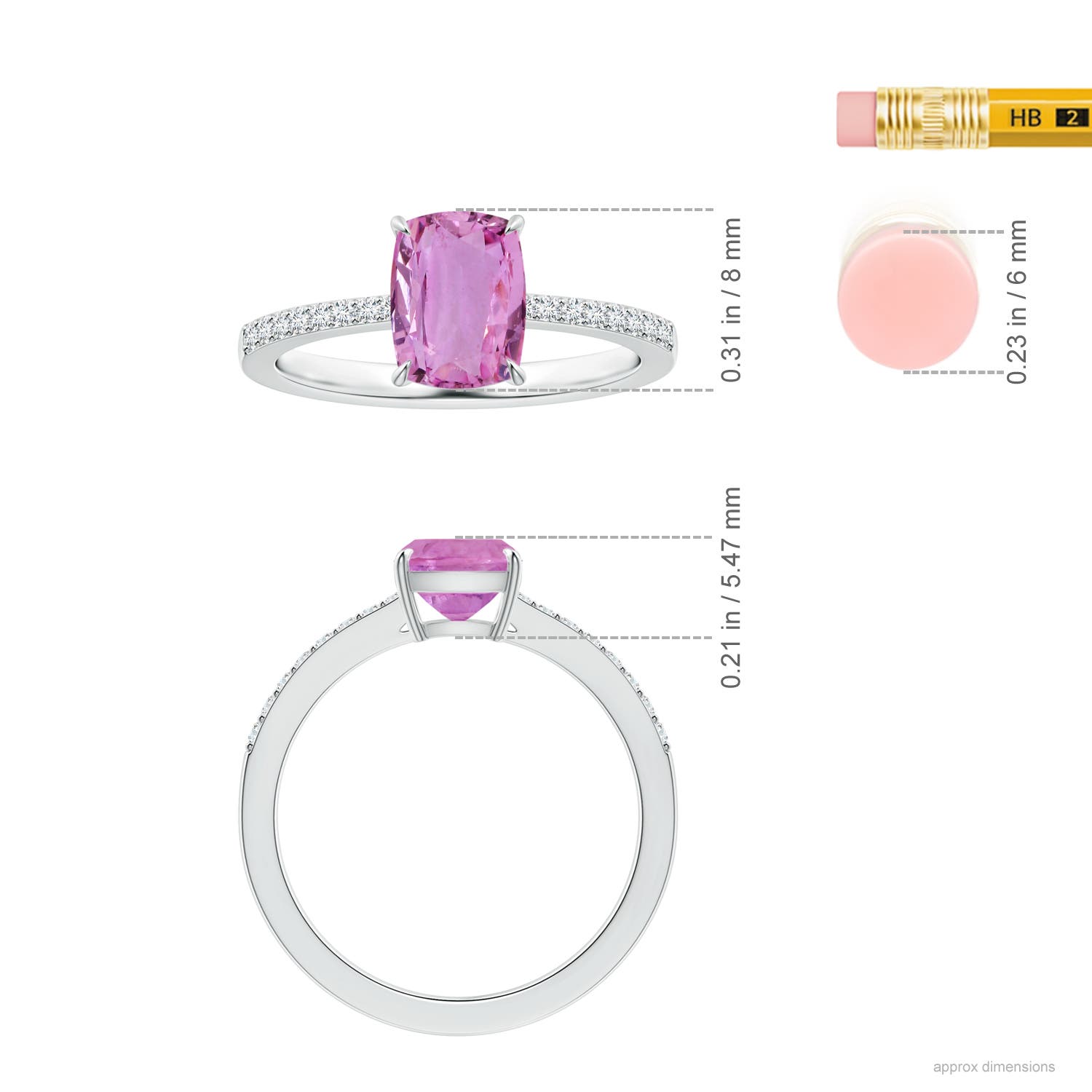 6.62x6.24x3.95mm AAA Claw-Set Cushion Pink Sapphire Ring with Reverse Tapered Diamond Shank in White Gold - ruler