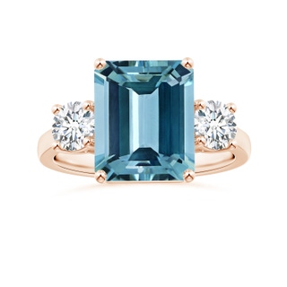 11.02x9.14x5.67mm AAAA GIA Certified Three Stone Emerald-Cut Aquamarine Reverse Tapered Shank Ring with Diamonds in 9K Rose Gold