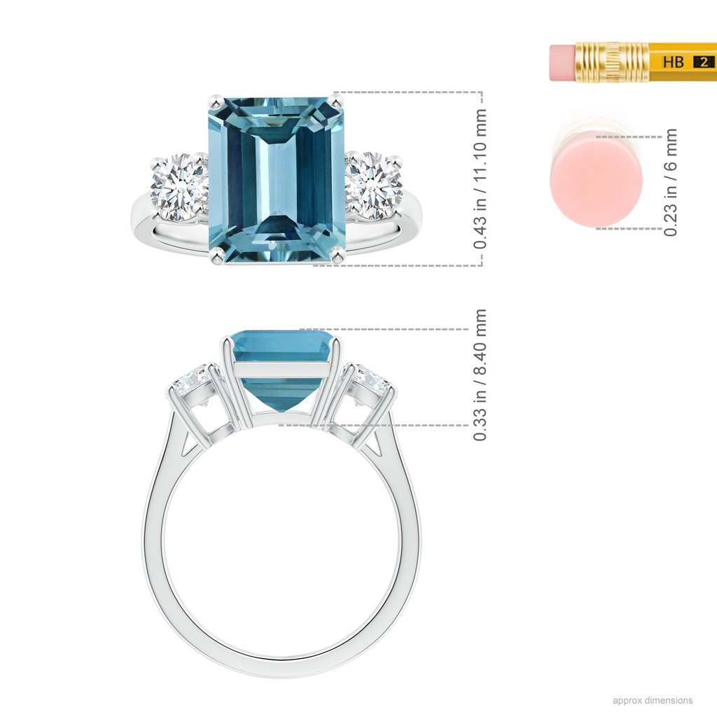 11.02x9.14x5.67mm AAAA GIA Certified Three Stone Emerald-Cut Aquamarine Reverse Tapered Shank Ring with Diamonds in White Gold ruler