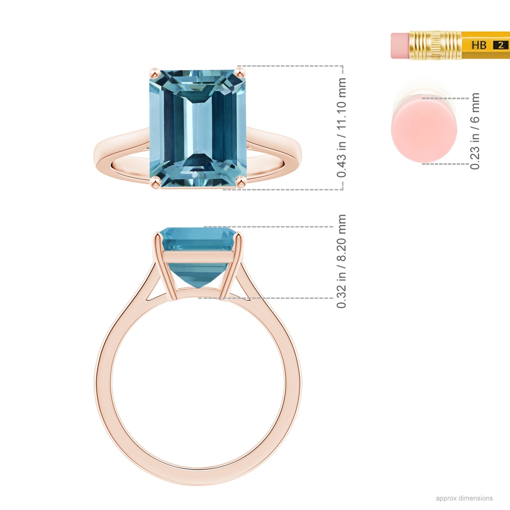 11.02x9.14x5.67mm AAAA Prong-Set GIA Certified Solitaire Emerald-Cut Aquamarine Reverse Tapered Shank Ring in 18K Rose Gold ruler