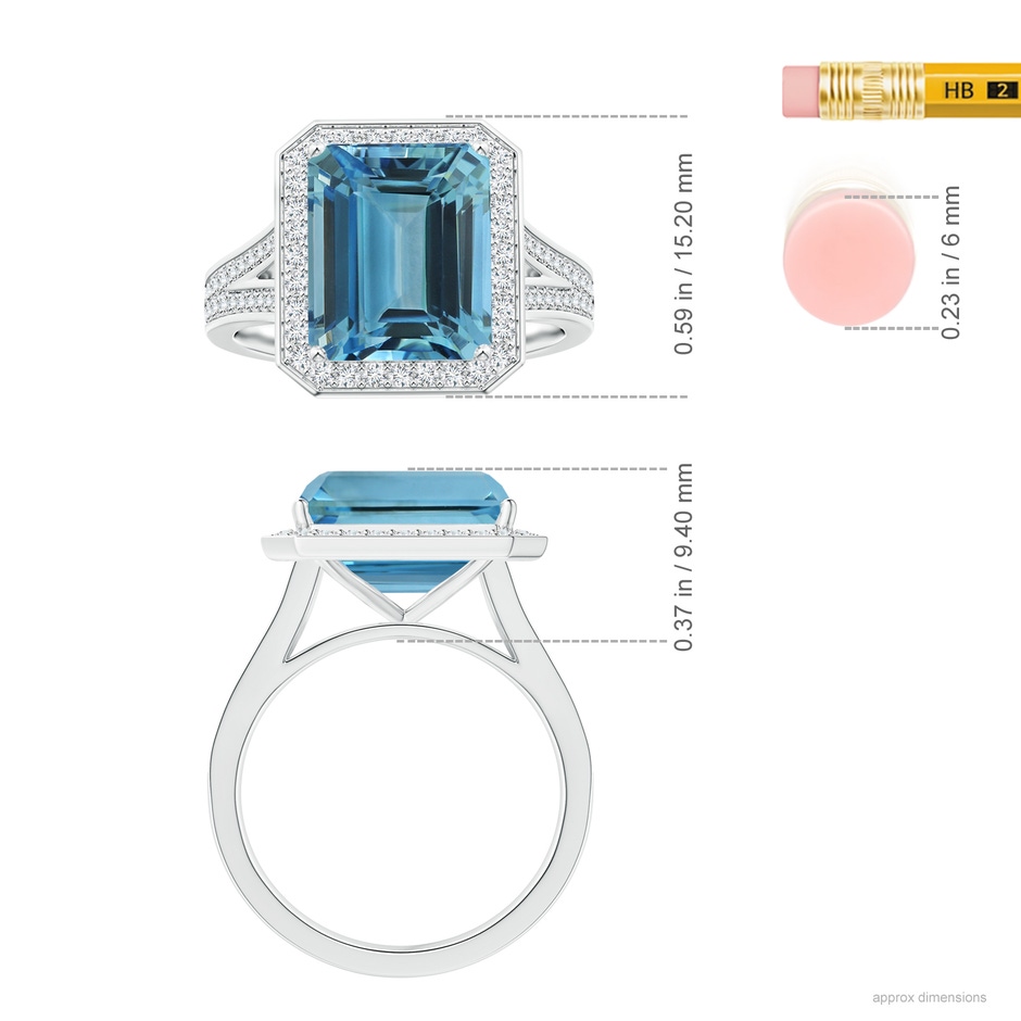 10.89x8.83x6.52mm AAAA GIA Certified Emerald-Cut Aquamarine Halo Ring with Diamond Split Shank in 18K White Gold ruler