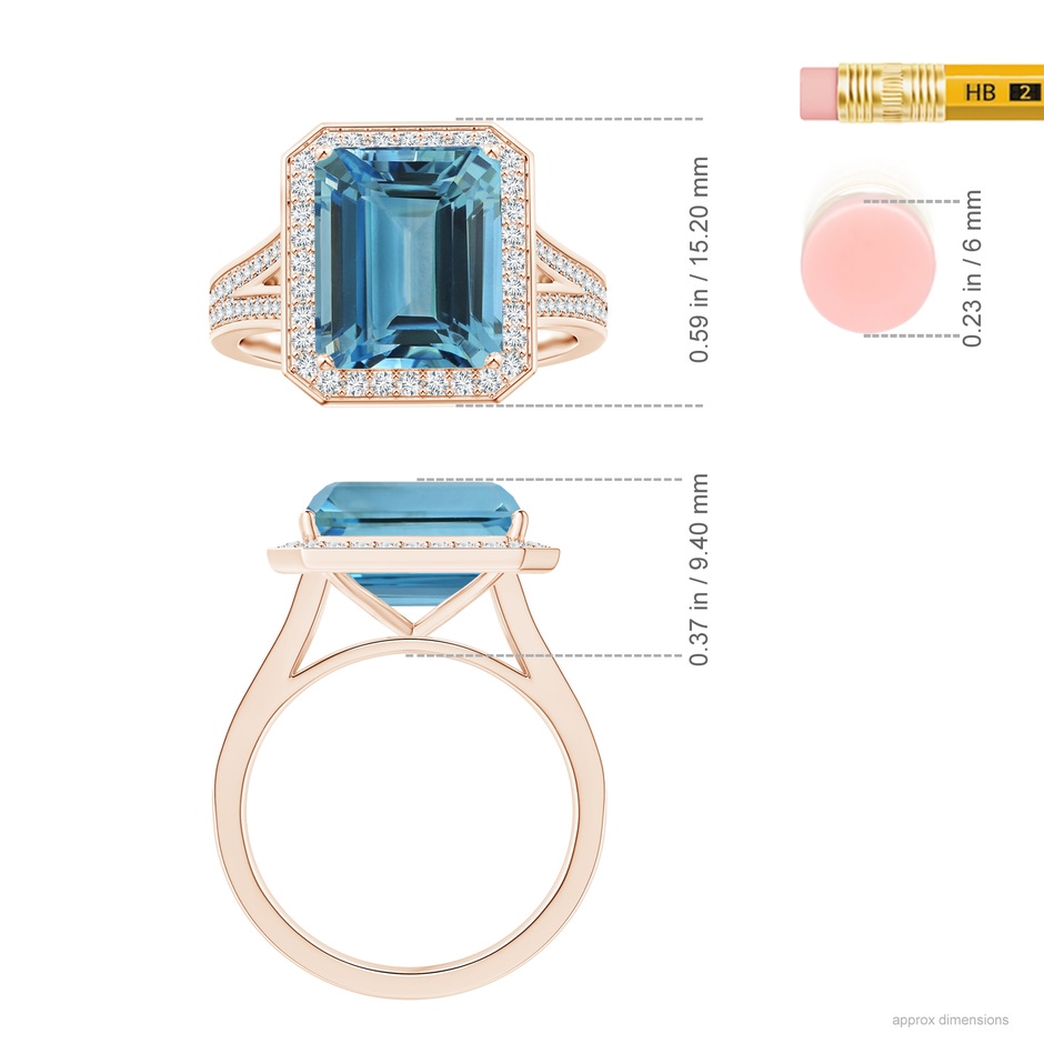 10.89x8.83x6.52mm AAAA GIA Certified Emerald-Cut Aquamarine Halo Ring with Diamond Split Shank in Rose Gold ruler