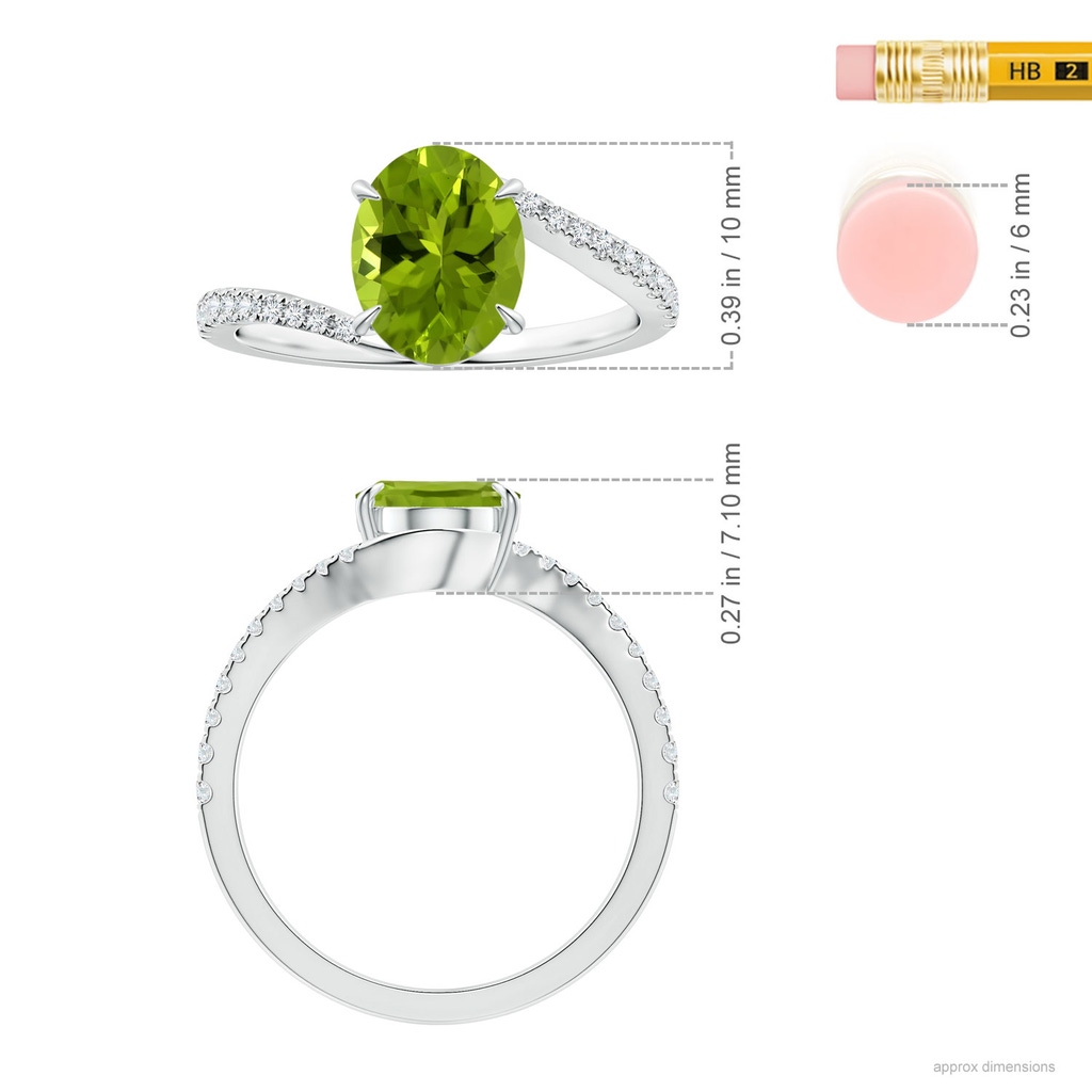 9.93x7.89x5.02mm AAA Claw-Set GIA Certified Oval Peridot Bypass Ring with Diamonds in P950 Platinum ruler
