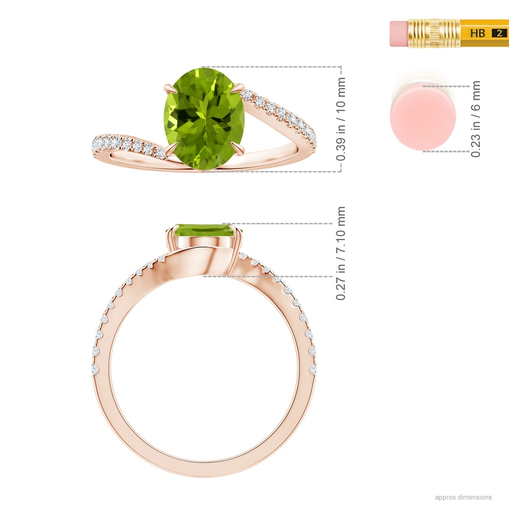 9.93x7.89x5.02mm AAA Claw-Set GIA Certified Oval Peridot Bypass Ring with Diamonds in Rose Gold ruler