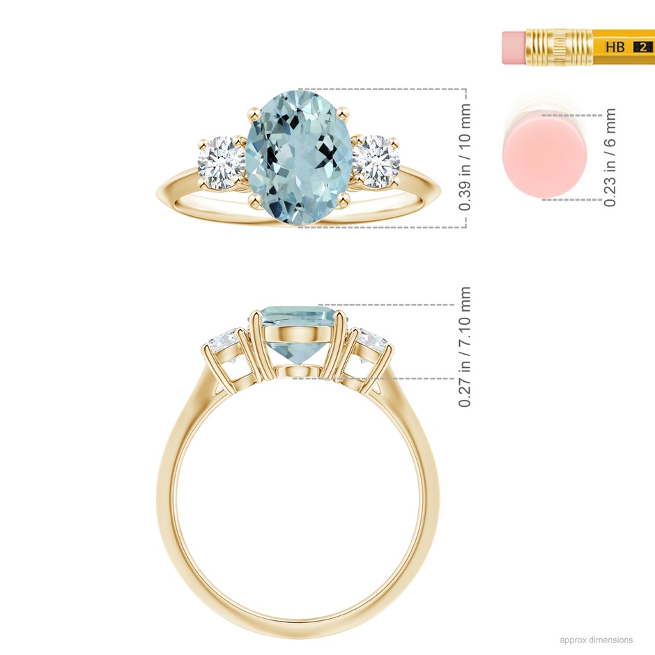 9.91x7.81x5.24mm AA GIA Certified Three Stone Oval Aquamarine Knife-Edged Shank Ring in Yellow Gold ruler