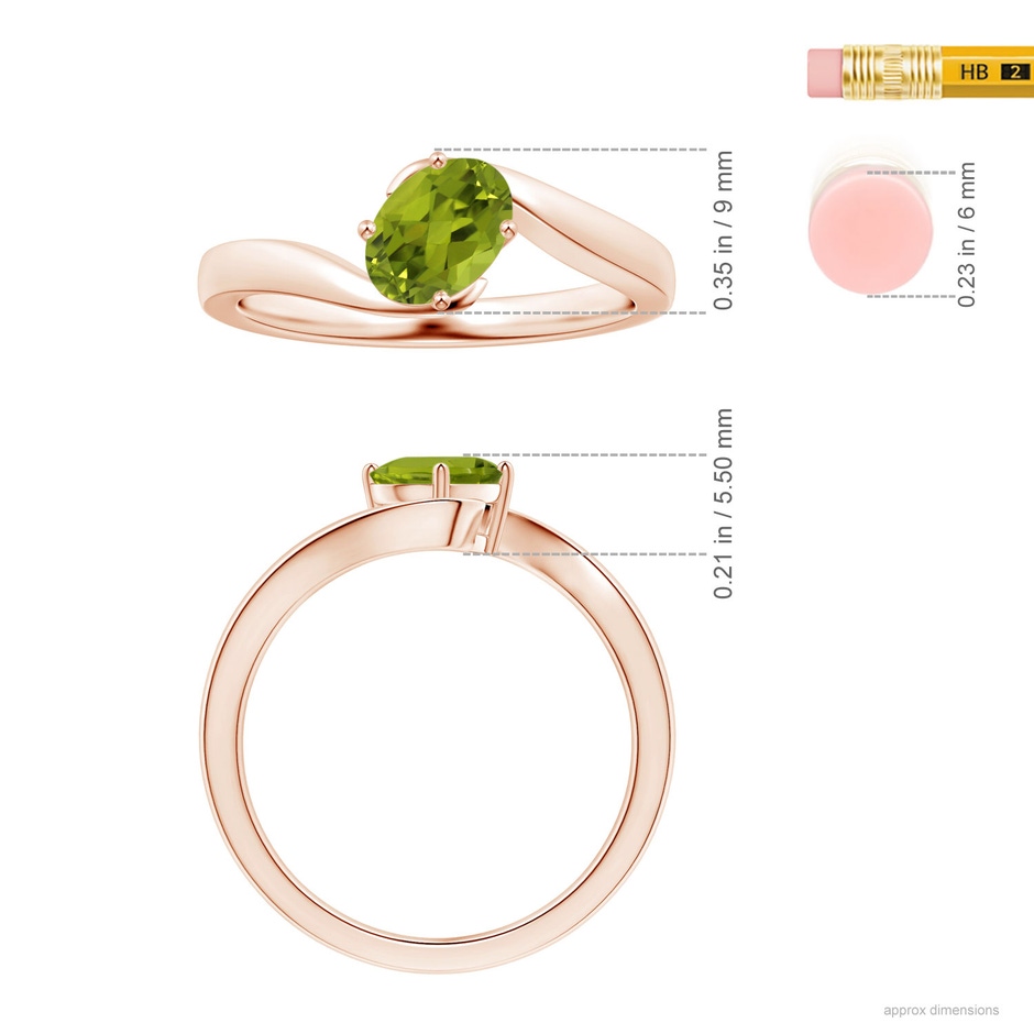 8.02x5.97x4.09mm AAA GIA Certified Solitaire Tilted Oval Peridot Bypass Split Shank Ring in 18K Rose Gold ruler