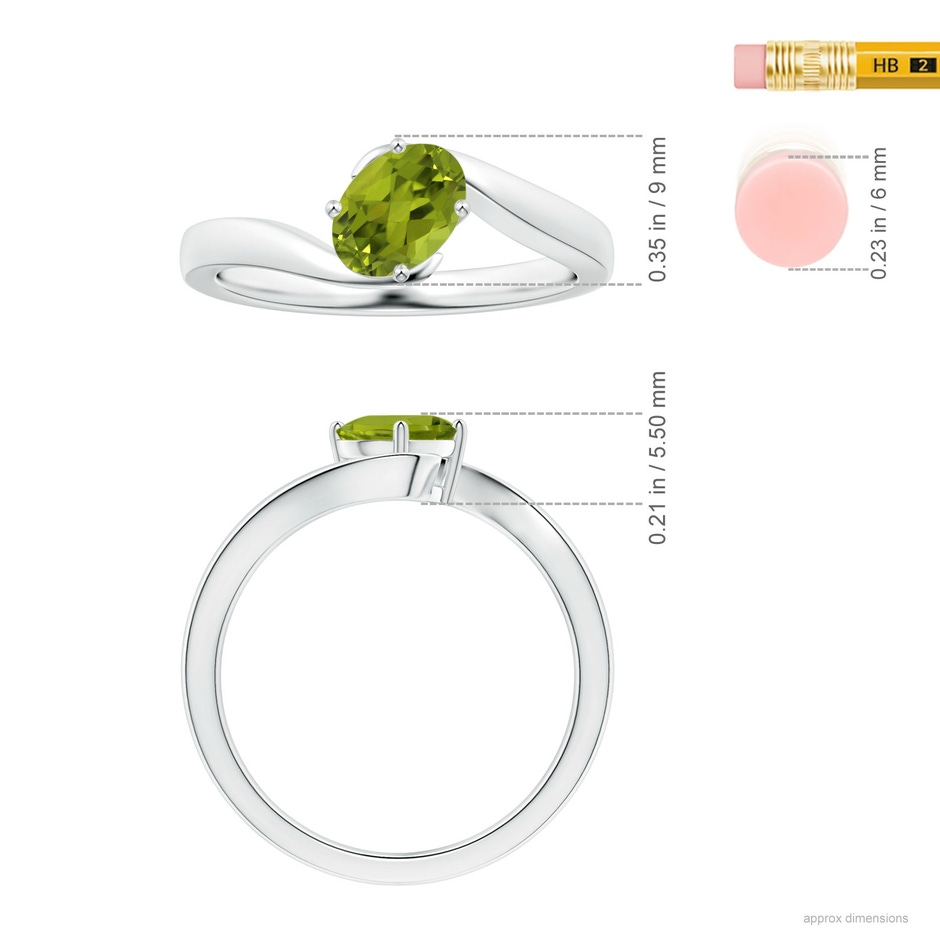8.02x5.97x4.09mm AAA GIA Certified Solitaire Tilted Oval Peridot Bypass Split Shank Ring in 9K White Gold ruler