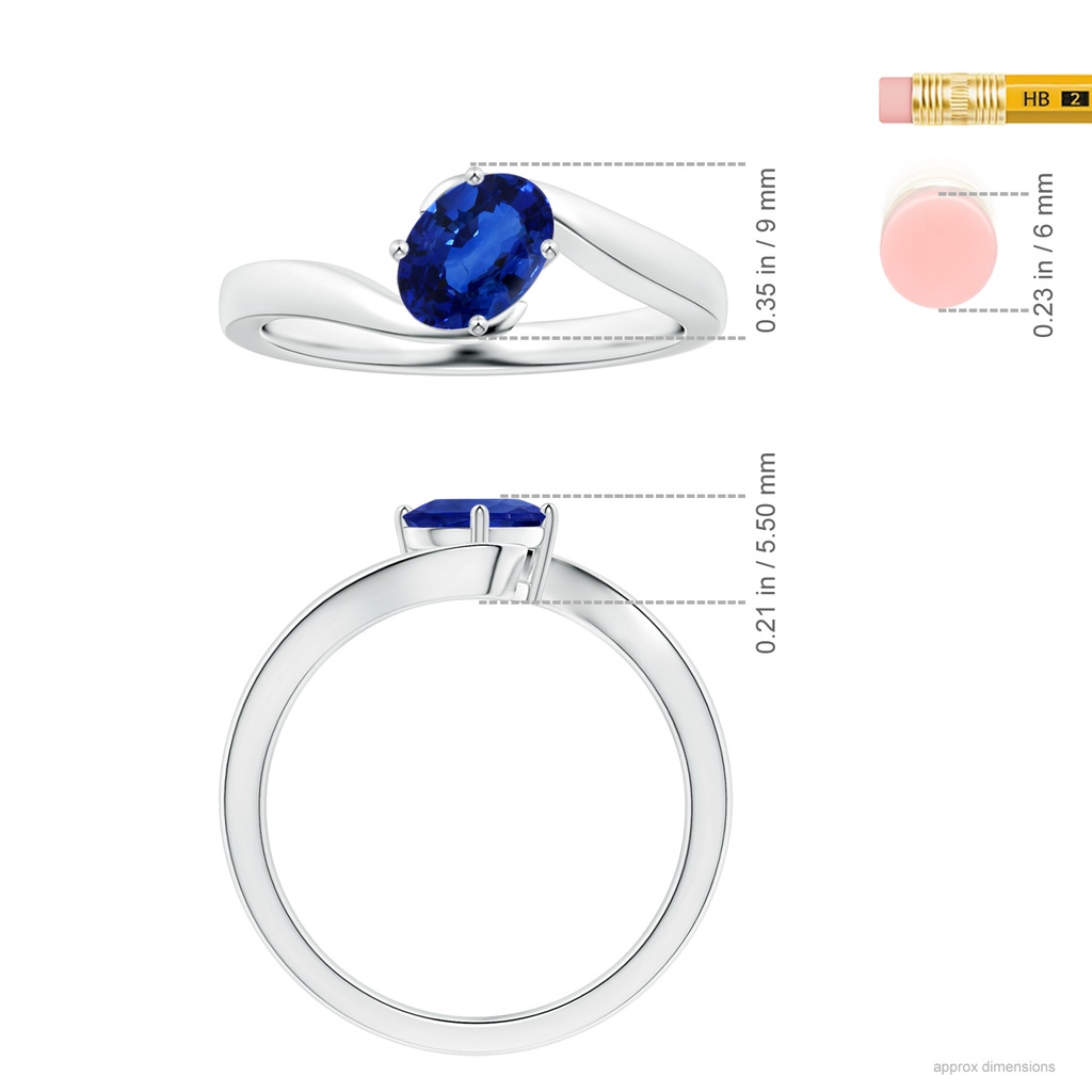 8.15x6.10x3.74mm AA Tilted Oval Blue Sapphire Solitaire Ring with Split Bypass Shank in P950 Platinum ruler