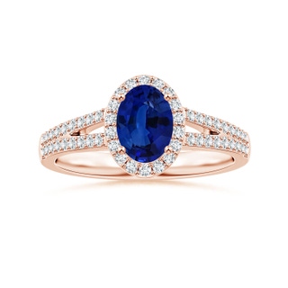 7.87x5.85x3.74mm AAAA GIA Certified Oval Blue Sapphire Halo Ring with Diamond Split Shank in 18K Rose Gold