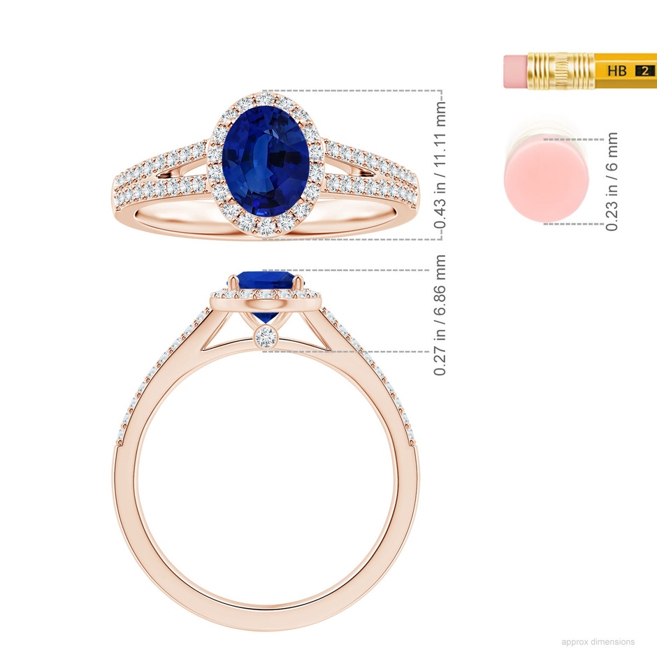 7.87x5.85x3.74mm AAAA GIA Certified Oval Blue Sapphire Halo Ring with Diamond Split Shank in 9K Rose Gold ruler